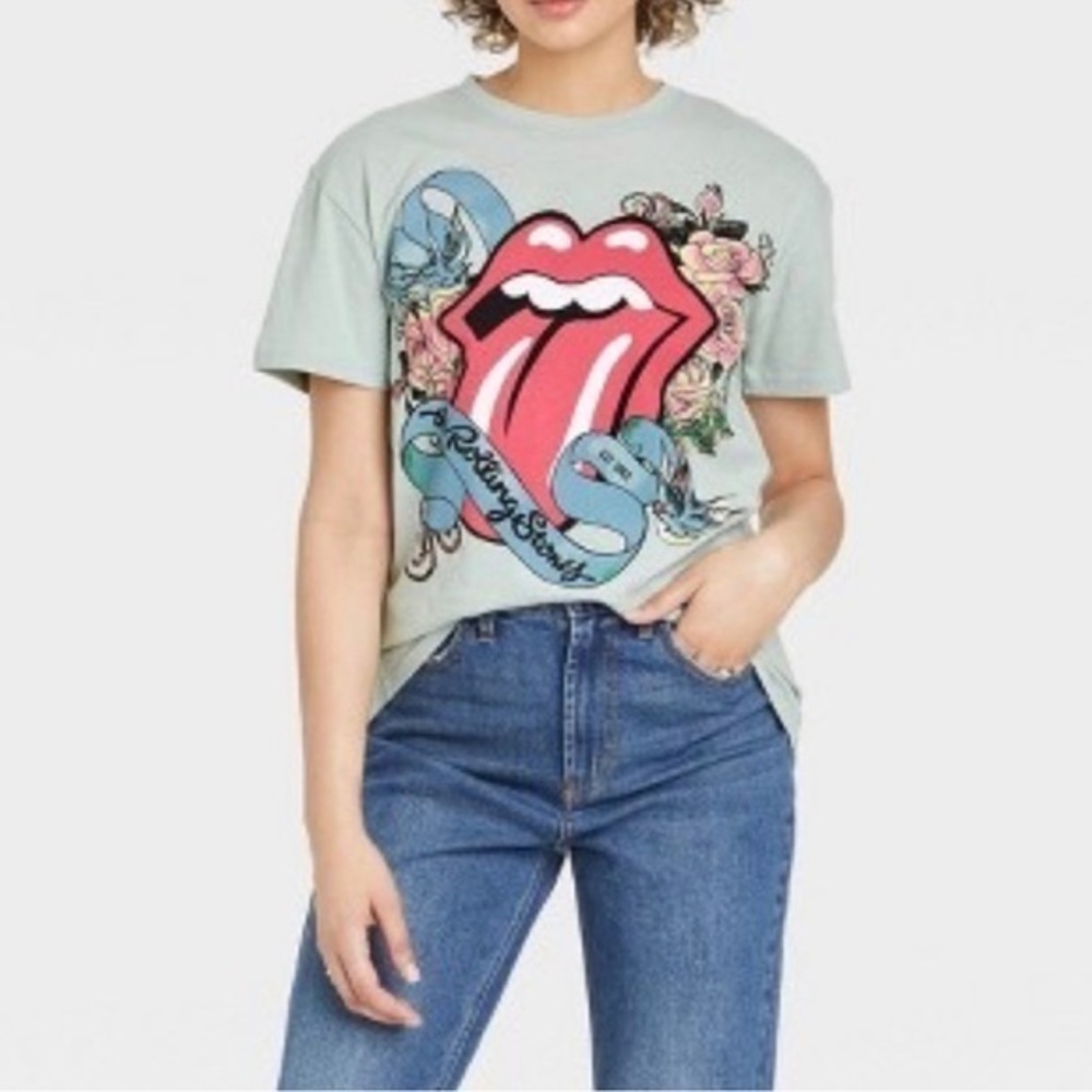 NWT Light Green Sage Floral Lips The Rolling Stones Babydoll Tee T-Shirt Top New